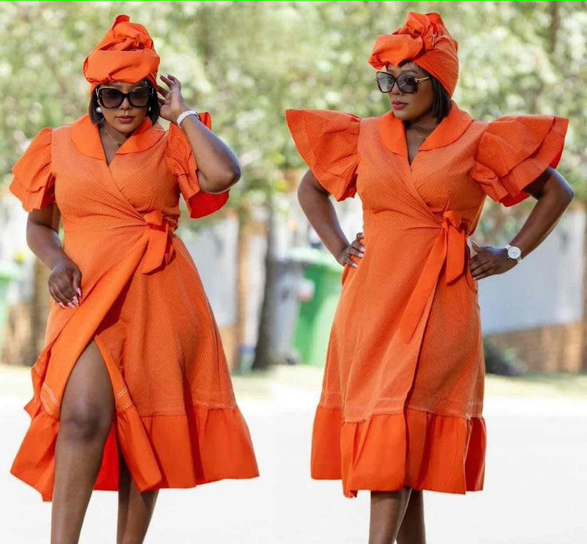 Ethnic Style Short Sleeve Ruffle Dress - Featuring Waist Belt and Side Slit Design