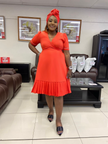Plus size wrap midi dress in orange-red, V-neck short sleeves with ruffle hem