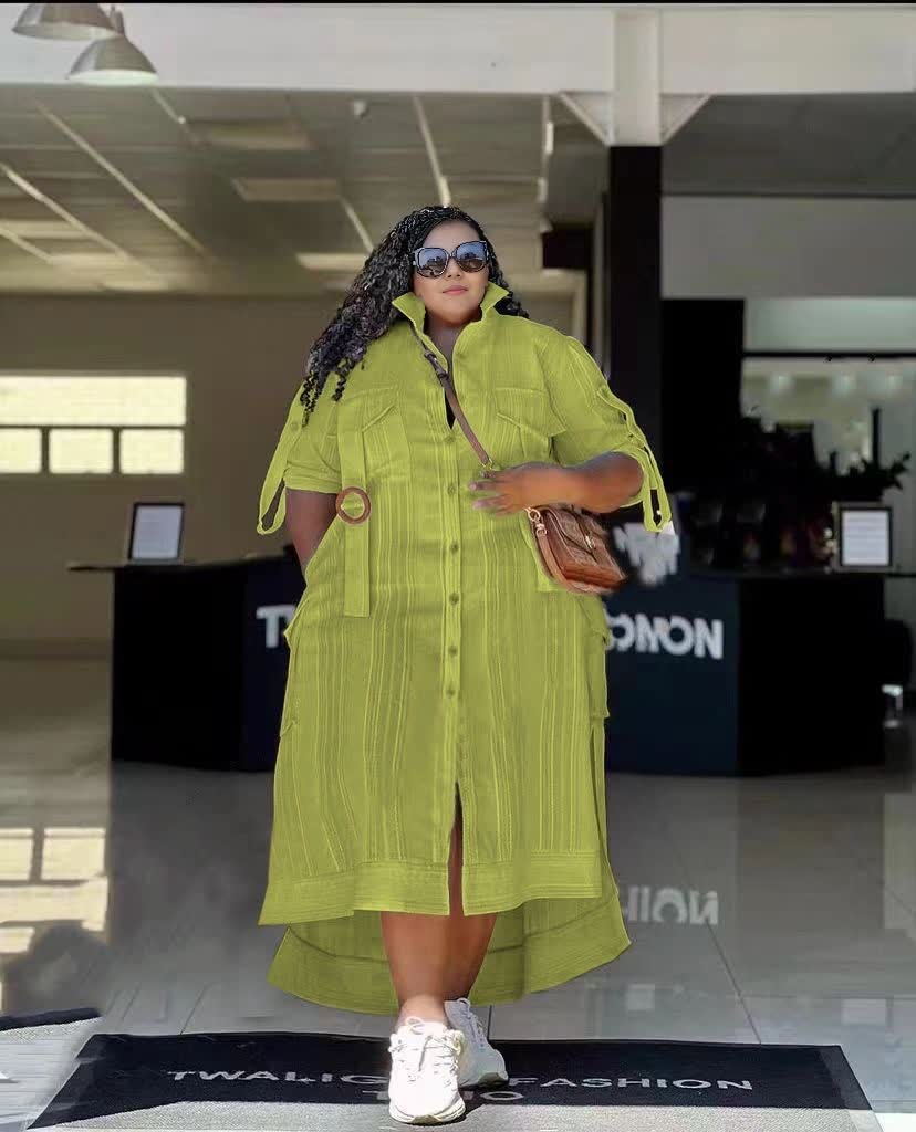 Plus size striped button midi dress, yellow-green, short sleeves, button front placket