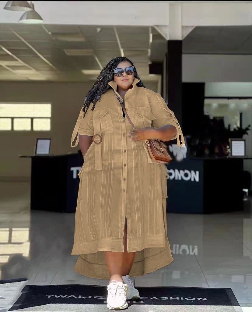 Plus size striped button midi dress, burlywood, short sleeves, front button placket