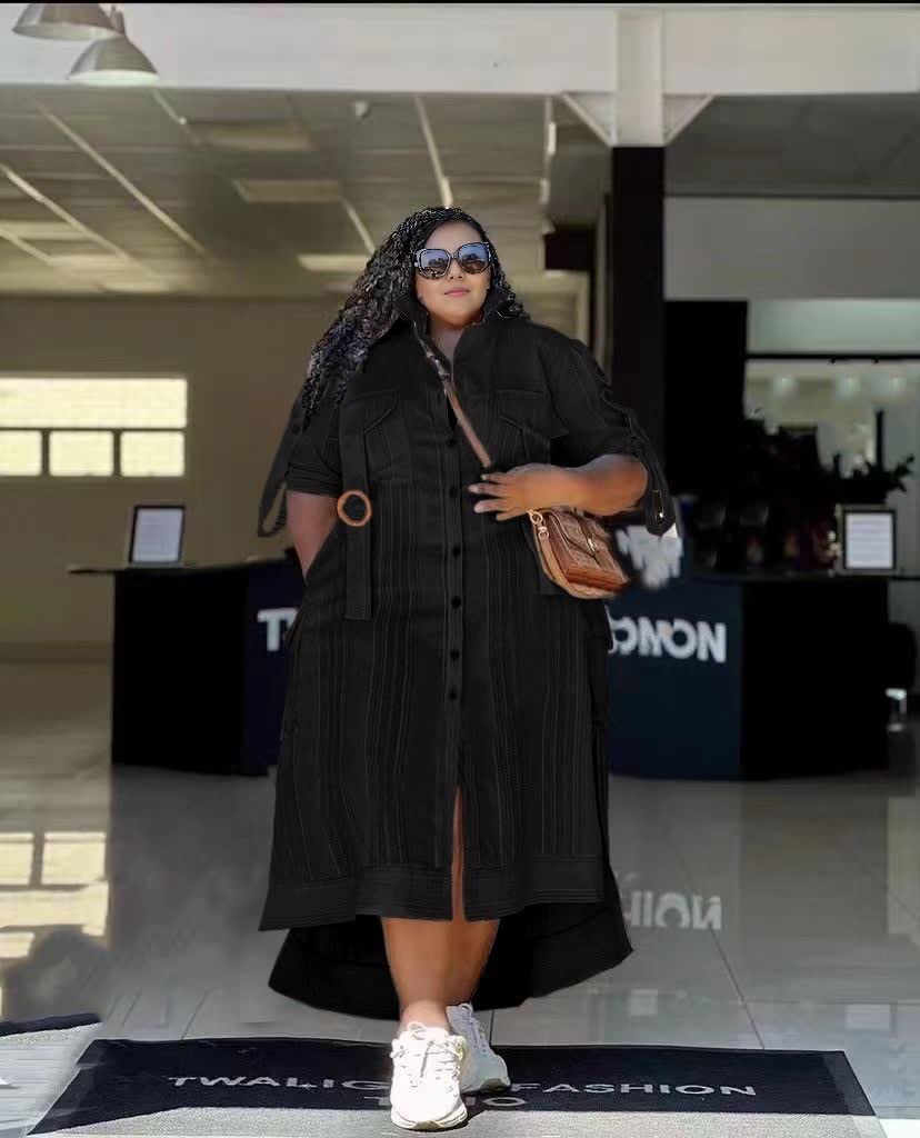 Plus size striped button midi dress, black, short sleeves, full button front