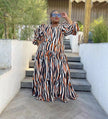 Striped maxi dress with puff bishop sleeves, loose fit, multicolor vertical stripes
