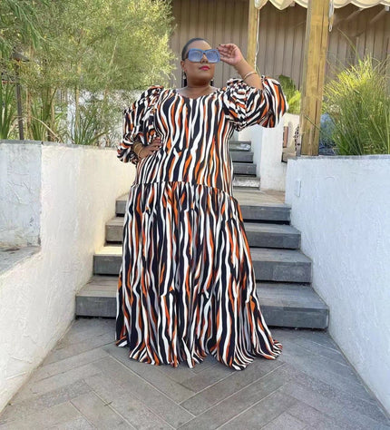Striped maxi dress with puff bishop sleeves, loose fit, multicolor vertical stripes