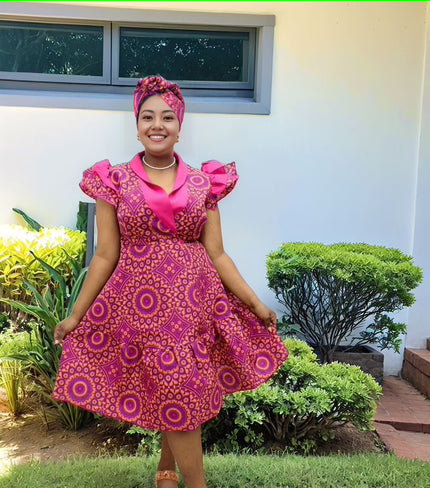 Pink patterned midi dress with puff sleeves and ruffle collar