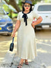 A-line ribbed midi dress in light khaki with bow tie neck detail, short sleeves