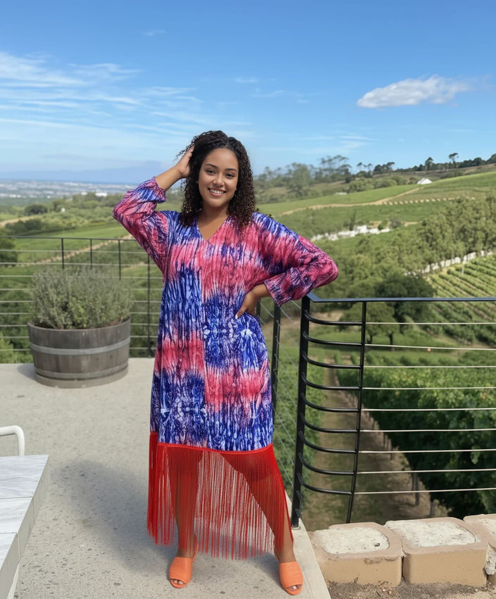 TieDye maxi dress with V-neck, blue pink red pattern and fringe hem