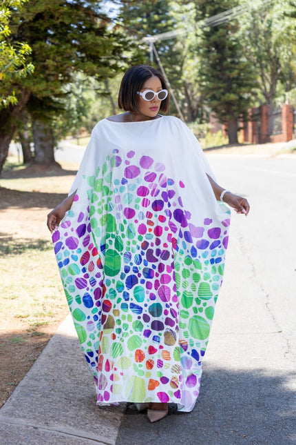 Loose-fit geometric maxi dress, white with purple and green abstract pattern