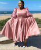 Puffy Sleeve Cinched Waist Mid-Length Dress