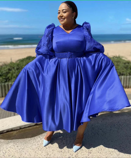Plus size midi dress with puff sleeves, belted waist, flared skirt in blue