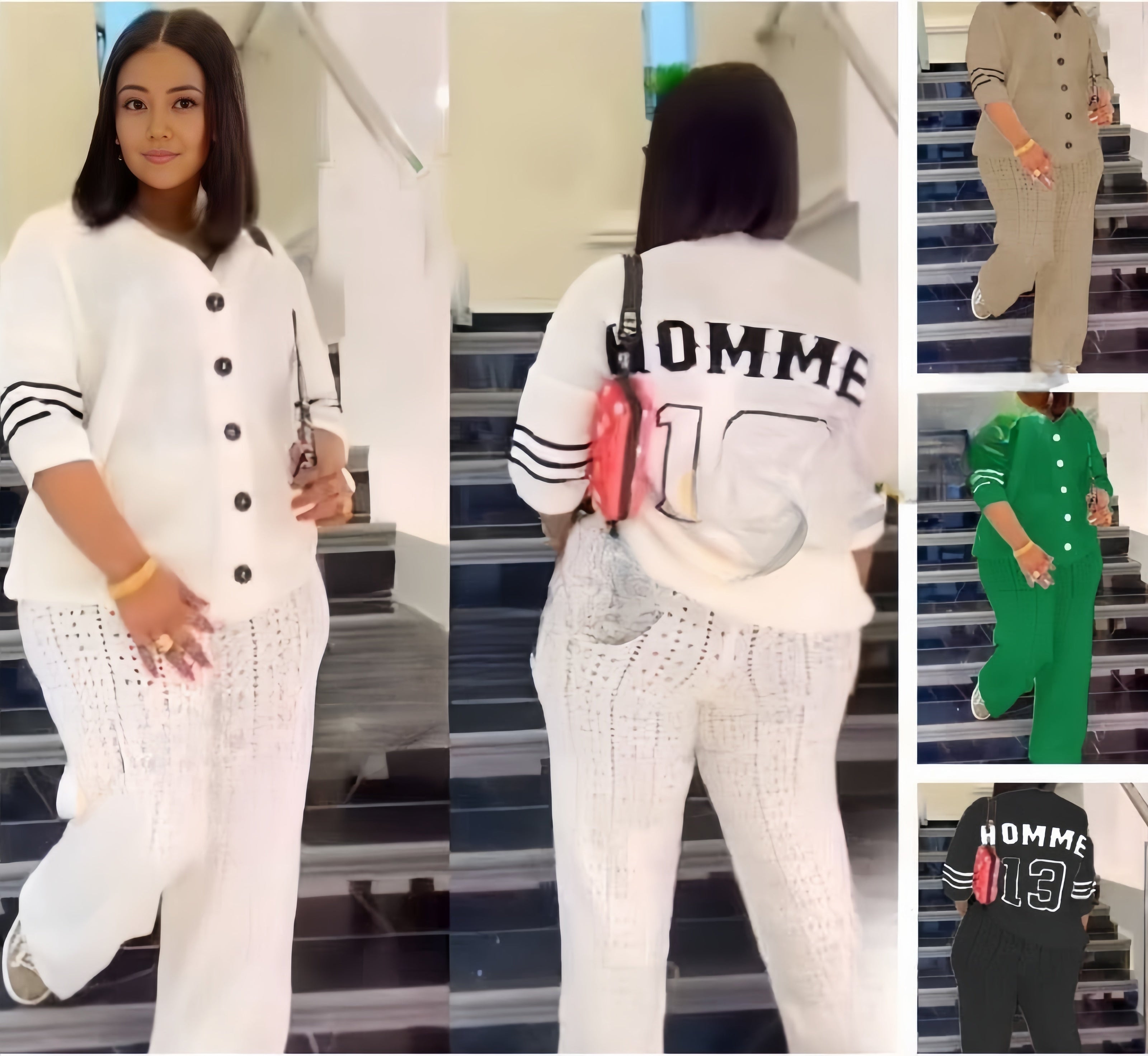 Women’s loose-fit lettered top and pant pair, white button-front top, striped sleeve trim, back print