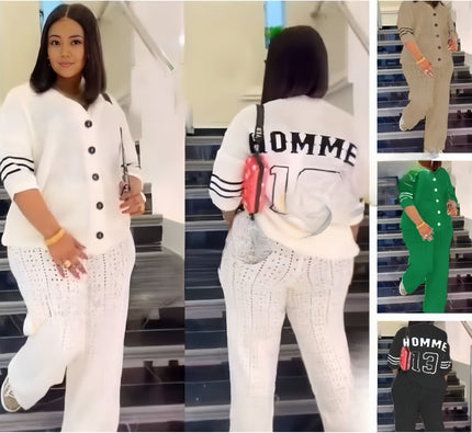 Women’s loose-fit lettered top and pant pair, white button-front top, striped sleeve trim, back print