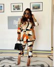 Geometric Patterned Twin Set with Circle Motifs and Angular Lines