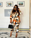 Geometric print two-piece set: long-sleeve top and cropped pants