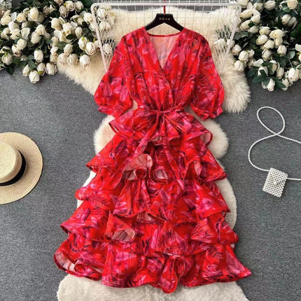 Red layered ruffle midi dress with V-neck and waist tie, short sleeves