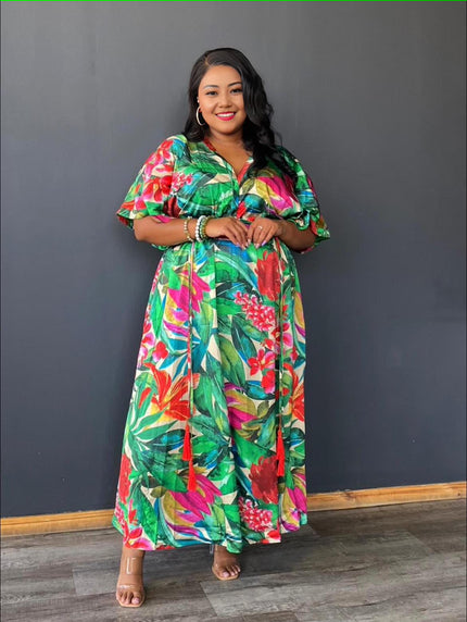 Tropical floral maxi dress with V-neck and puff sleeves, green with pink-red accents