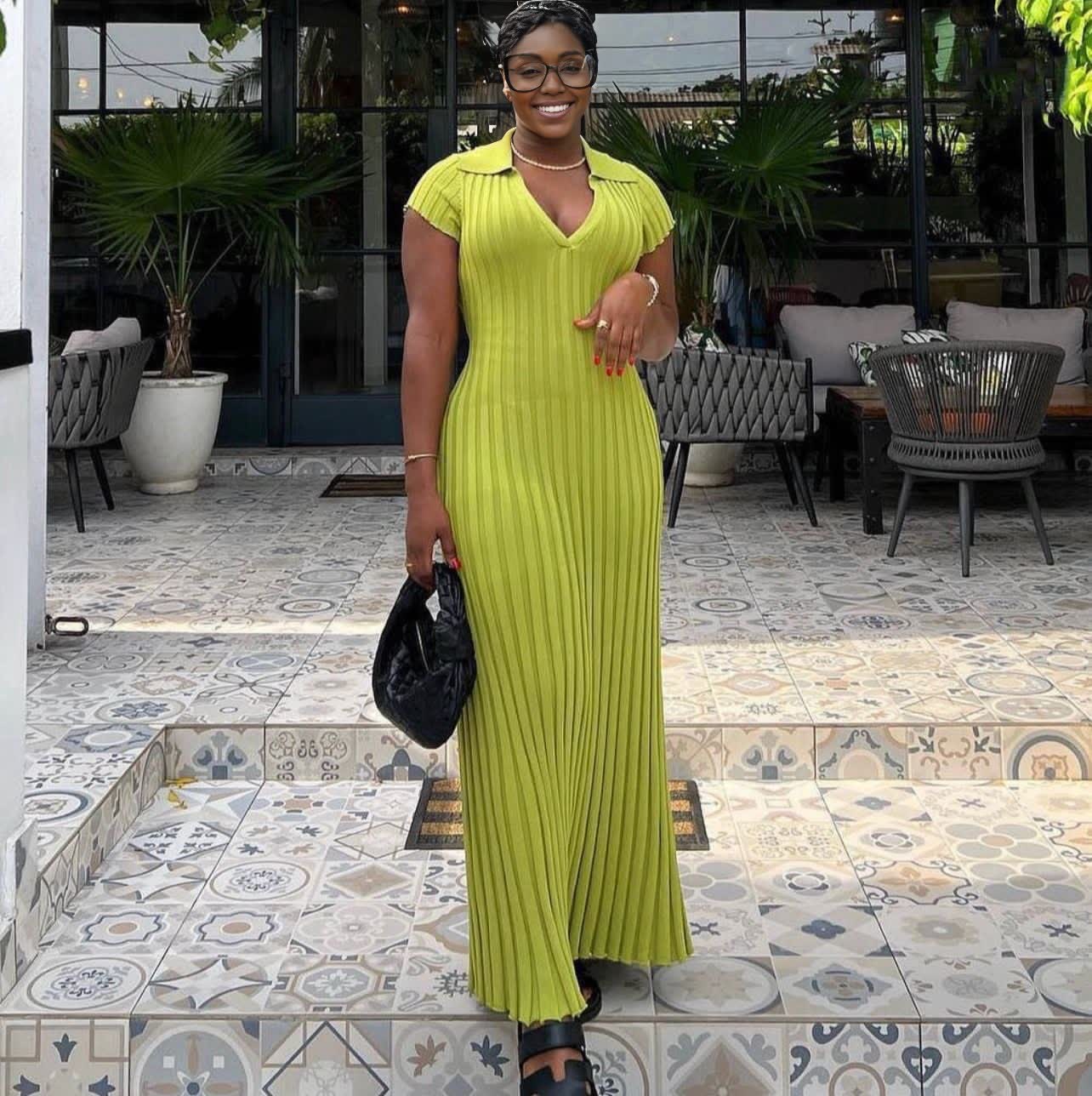 Lime green ribbed knit maxi dress with V-neck, short sleeves, long fitted shape