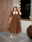 Vintage-Inspired Midi Dress with Puff Sleeves, White Contrast Collar & Button-Front Flare Skirt