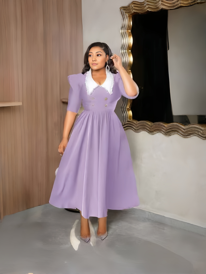 Light purple midi dress with puff sleeves and white contrast collar, button detail