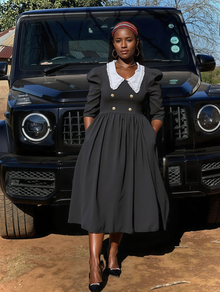 Vintage-Inspired Midi Dress with Puff Sleeves, White Contrast Collar & Button-Front Flare Skirt