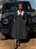Vintage-Inspired Midi Dress with Puff Sleeves, White Contrast Collar & Button-Front Flare Skirt