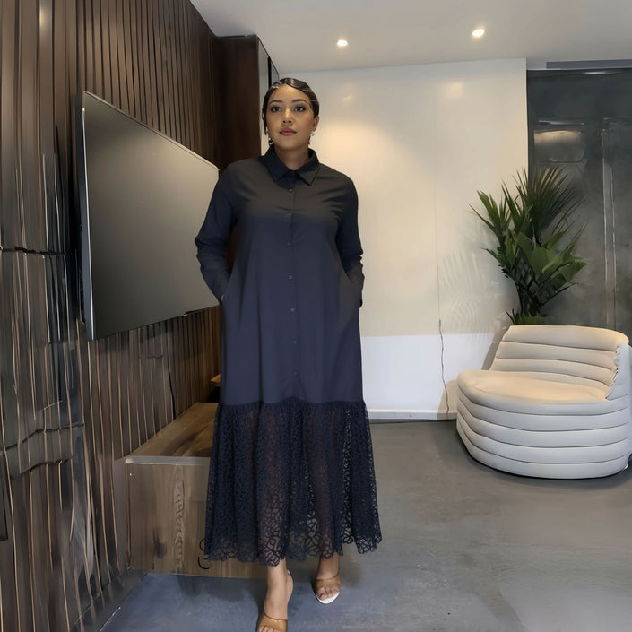Navy midi dress with button front and lace hem, long sleeves