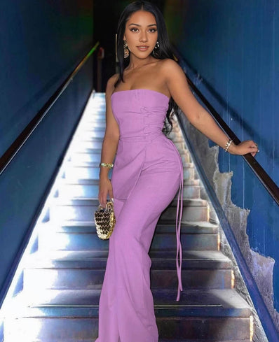 Strapless Wide-Leg Jumpsuit with Side Tie & Contour Fit