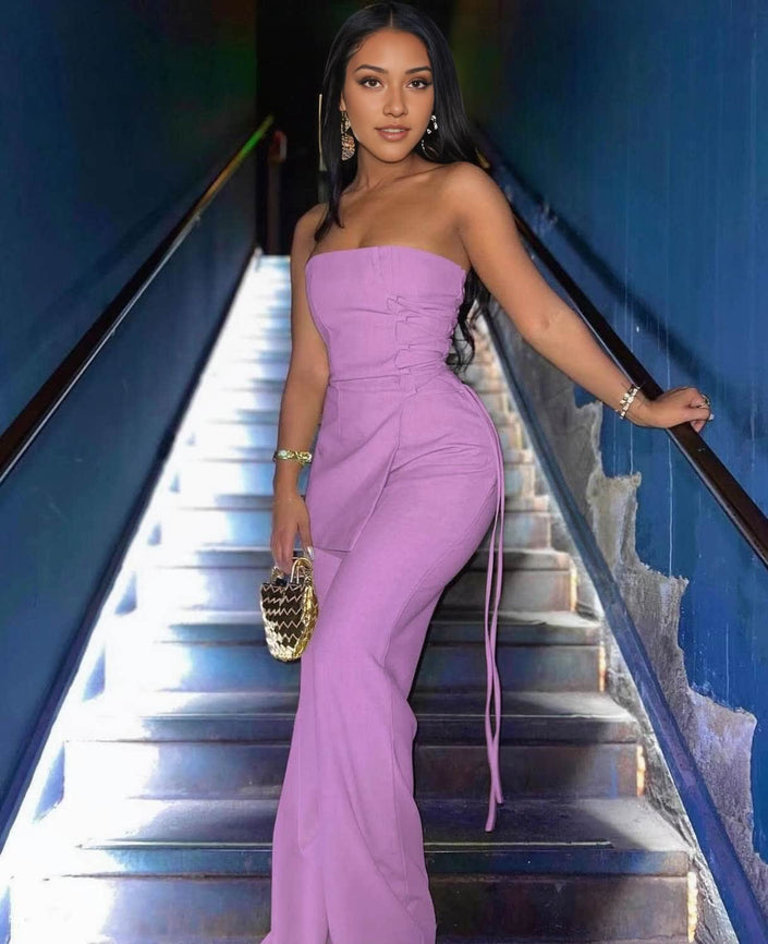 Lavender strapless wide-leg jumpsuit with side ties and fitted bodice