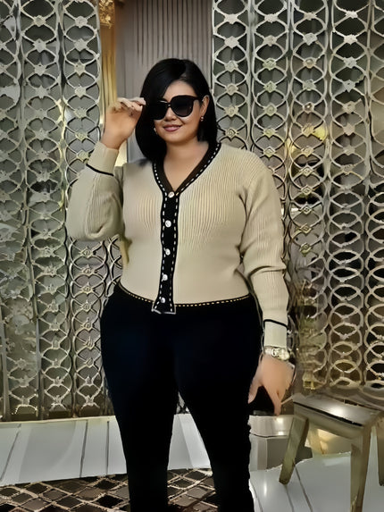 Knitted Slim Fit Top V-Neck Trim Chic Casual Style