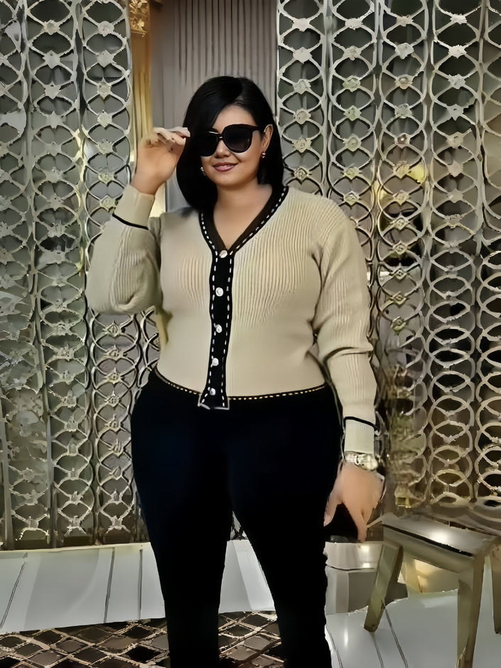 Light khaki knit V-neck cardigan with black trim and button front