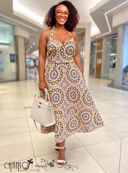 Midi Halter Dress Sweetheart Neck Circular Geometric Print Casual Event Outfit