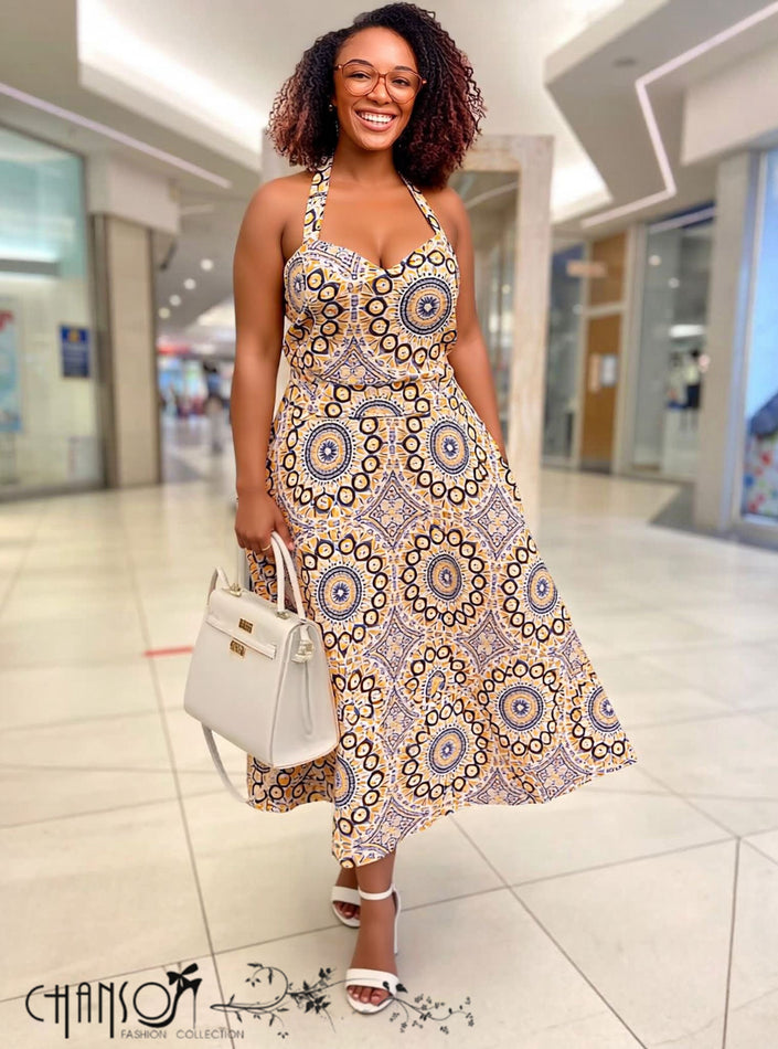 Sweetheart halter midi dress with circular geometric print, sleeveless