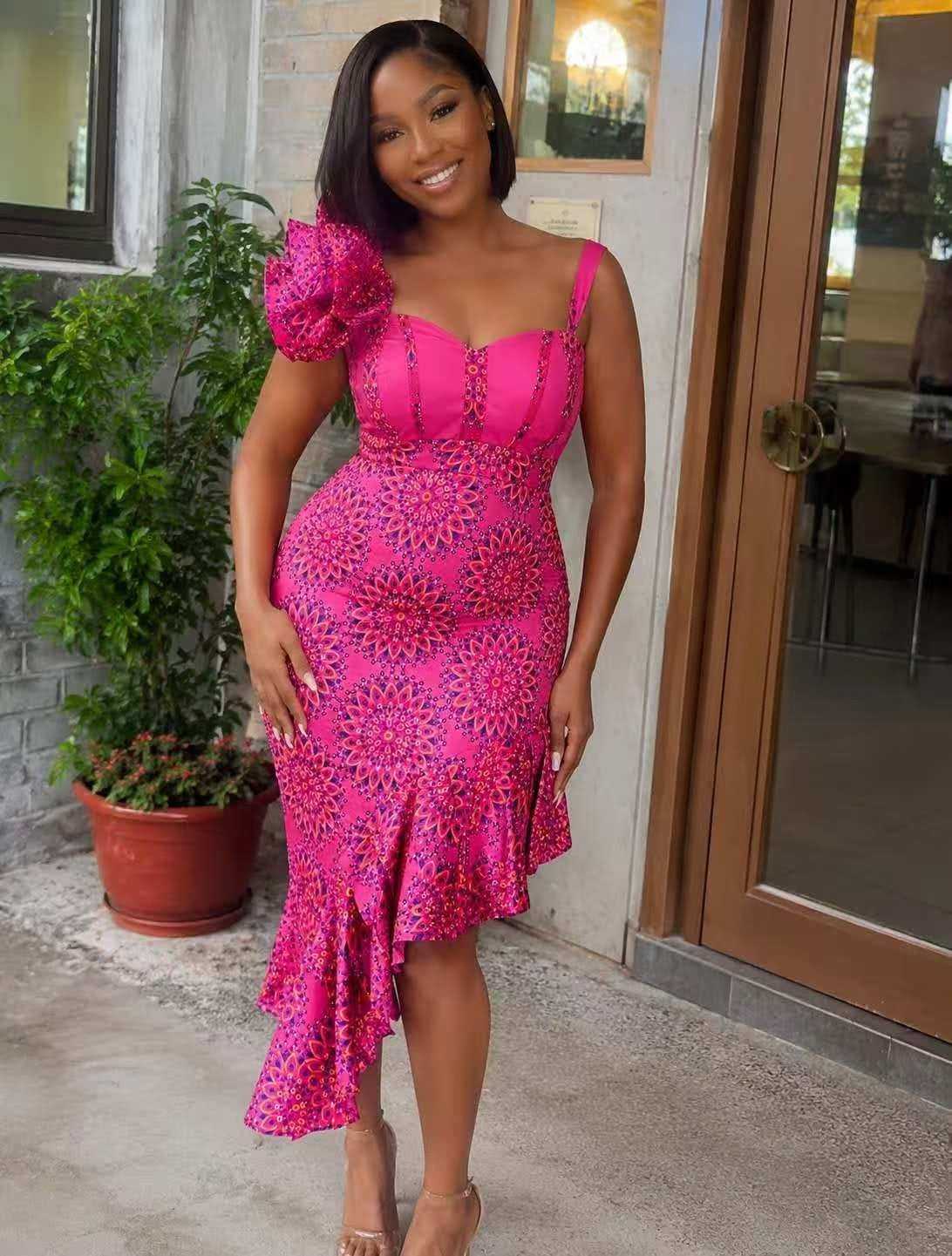 Bright pink African floral print asymmetric ruffle women's traditional midi dress