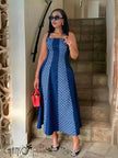 Ethnic Sleeveless Midi Dress Square Neck Vertical Panel Dot Print Fitted Flared Skirt For Dinner Social Gatherings