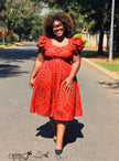 Women Midi Ethnic Dress Square Neck Puff Sleeve Circular Geometric Print Event Outfit