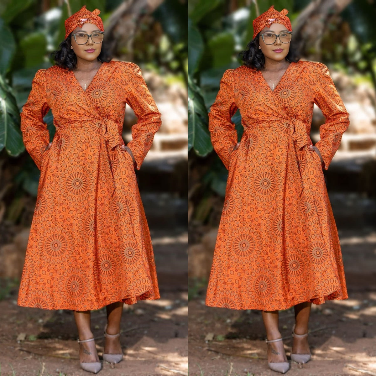 Orange geometric wrap midi dress with long sleeves and V-neck, tie waist