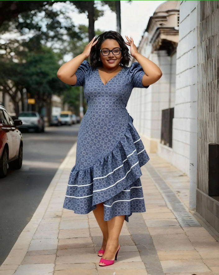 Blue patterned puff-sleeve high-low ruffle dress with V-neck and white tiered border