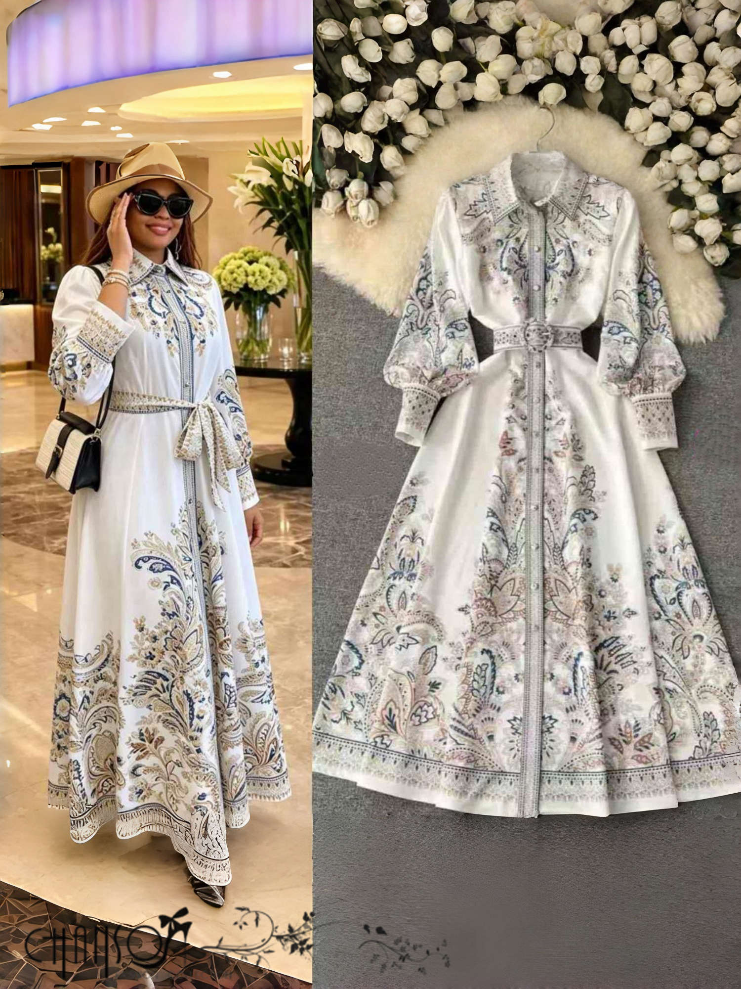 Maxi Shirt Dress Balloon Sleeve Paisley Print Belted Formal Event Outfit