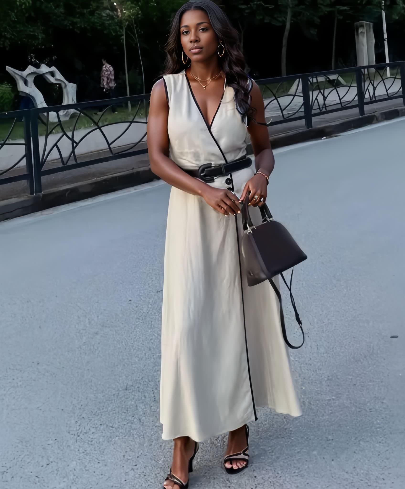 Beige sleeveless V-neck midi dress with button details and waist belt