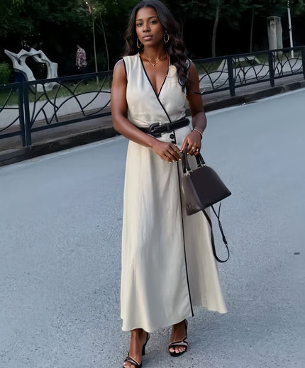 Beige sleeveless V-neck midi dress with button details and waist belt