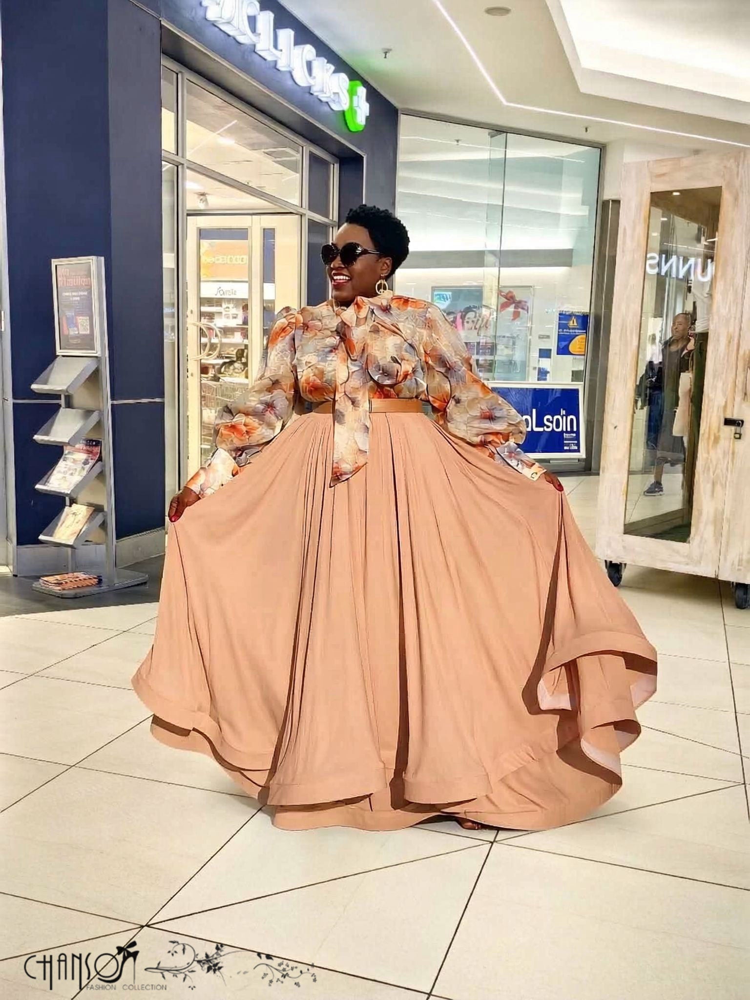 Bow Neck Floral Print Blouse Maxi Flare Skirt Two Piece Event Outfit Set