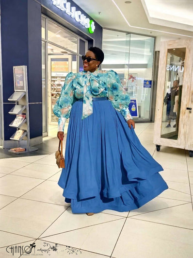 Blue floral bow-neck blouse and maxi flare skirt two-piece set, long sleeves