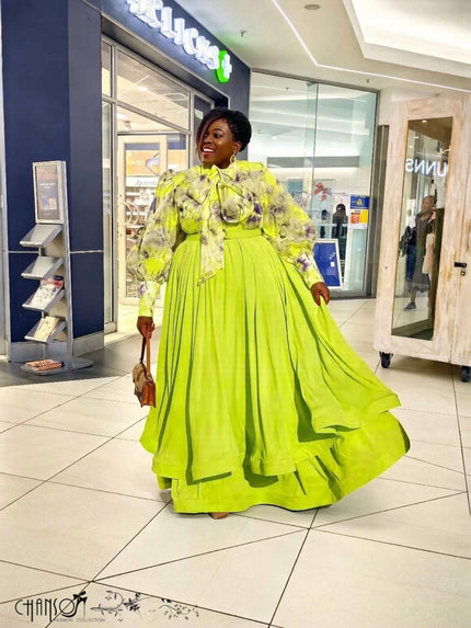 Lime floral bow-neck blouse and maxi flare skirt two-piece set, long sleeves