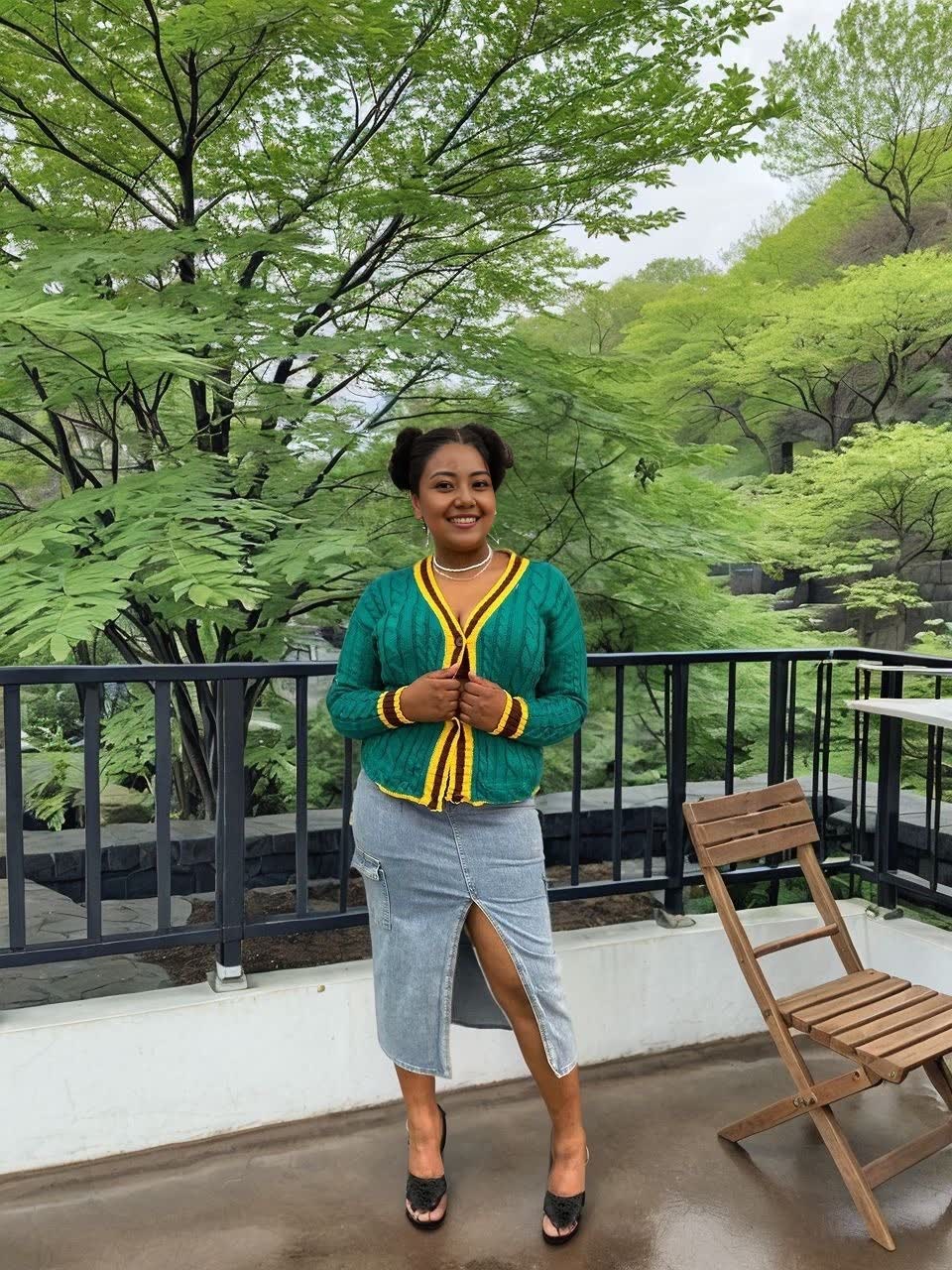 Knit cardigan, green knit with yellow trim and striped neckline