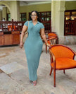 Light blue ribbed knit maxi dress, V-neck short sleeves, bodycon ribbed design
