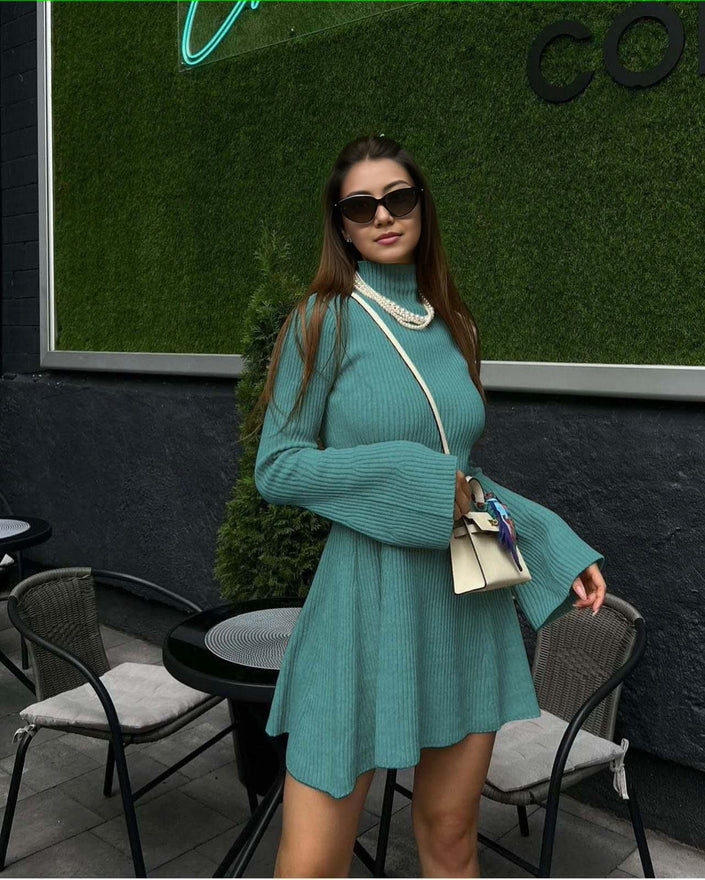 Mint-green knit loose-fit mini dress with long sleeves and high collar