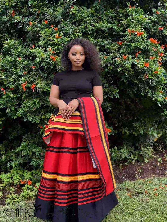 African maxi skirt set with black top and red striped tiered maxi skirt