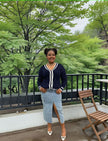 Knit cardigan, dark navy with white trim and ribbed striped neckline