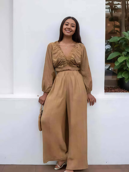 Nude V-neck balloon-sleeve crop top and wide-leg pants twin set, gathered waist