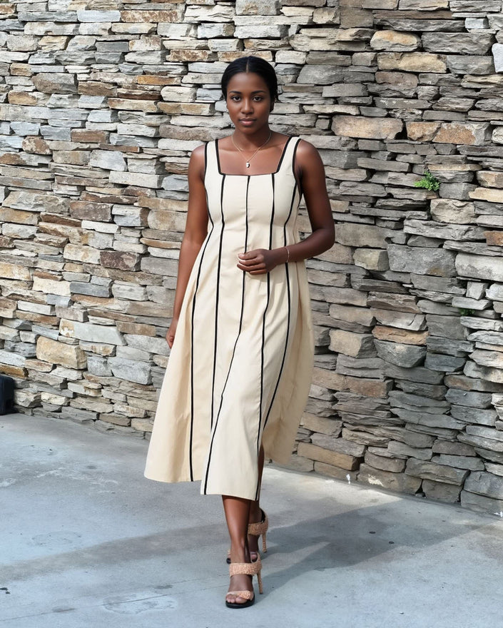 Tan striped sleeveless midi dress with square neckline