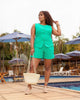 Turquoise sleeveless top and shorts set, button front and scalloped hem